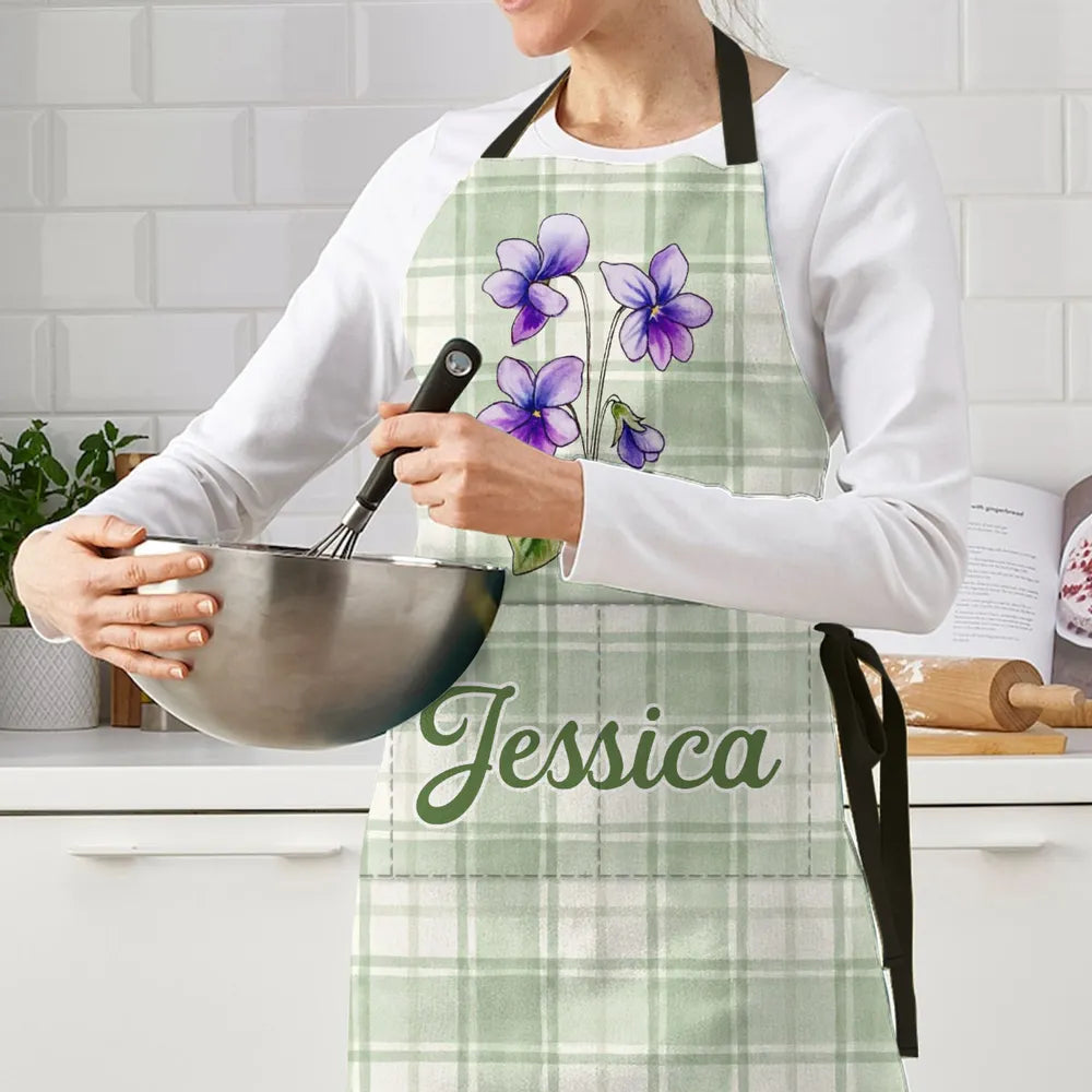 Personalized Floral 4-Pocket Apron in Soft Pastel Plaid, Unique Keepsake Gift for Mom, Sister or Friend
