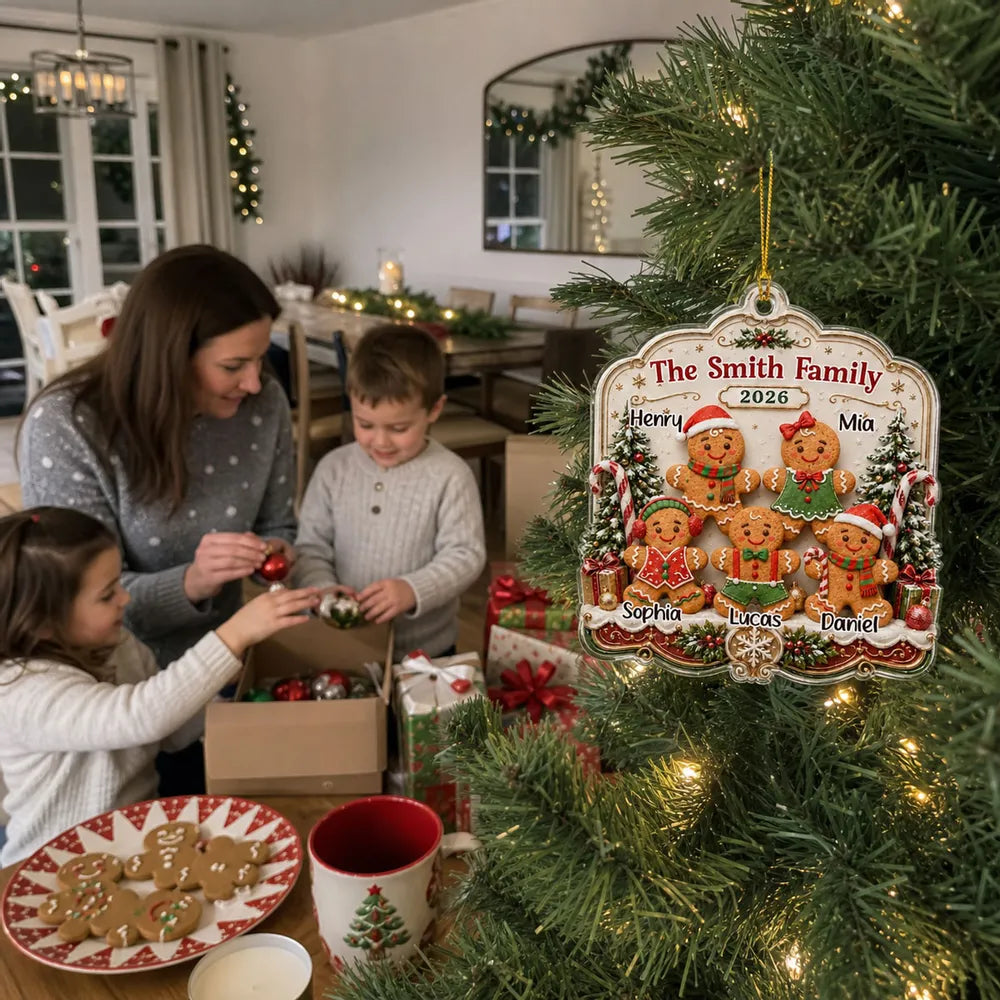Personalized Acrylic Ornament, Gingerbread Family Among Snowy Trees, Unique Christmas Gift for Family