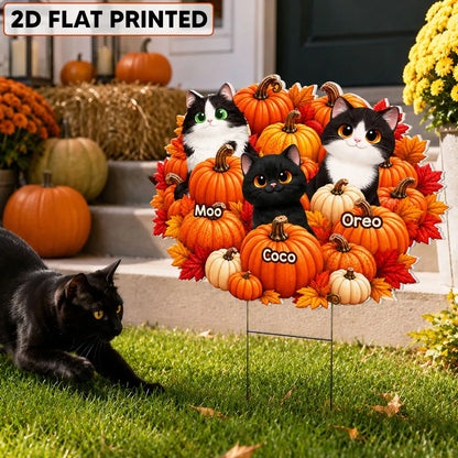 Personalized Shaped Yard Sign with Cartoon Cats and Orange Pumpkins, Unique Autumn Gift for Cat Lovers