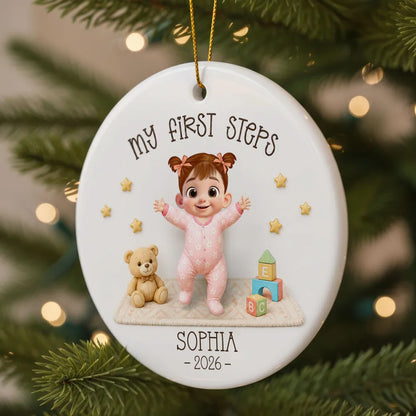 Personalized Ceramic Ornament, Baby Taking First Steps in Pastel Cartoon Style, Unique Christmas Gift for Parents