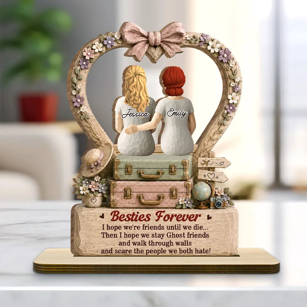Personalized 2-Layer Wooden Plaque, Besties Forever Seated Arm in Arm, Vintage Floral Unique Gift for Best Friend