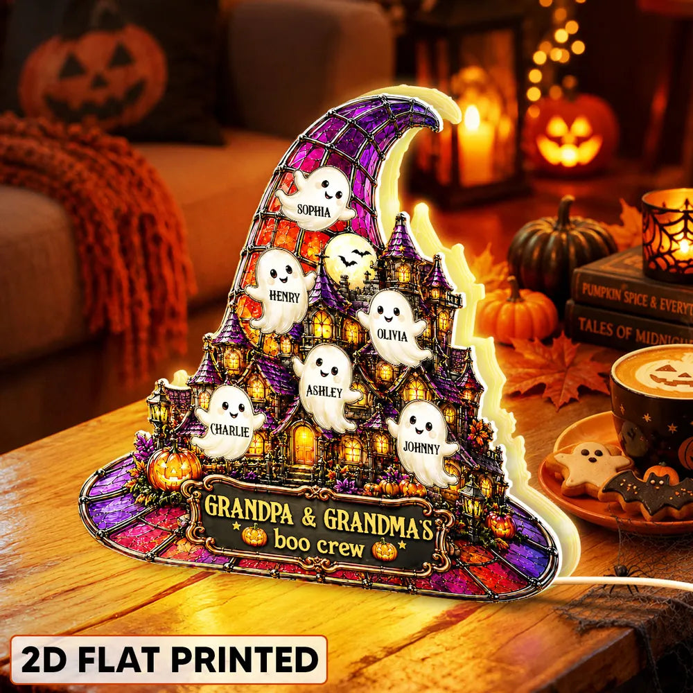 Personalized Acrylic Light Box, Cute Ghosts at a Haunted House, Unique Halloween Gift for Grandparents