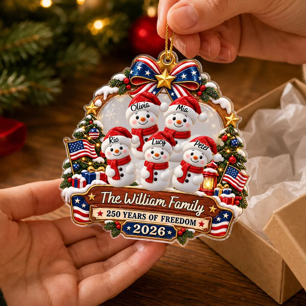 Custom USA Flag Snowman Family Ornament, Personalized Acrylic Christmas Keepsake for Your Family