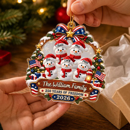 Custom USA Flag Snowman Family Ornament, Personalized Acrylic Christmas Keepsake for Your Family