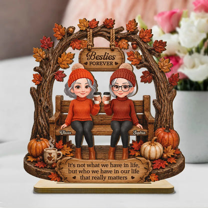 Personalized Layered Wooden Plaque, Rustic Autumn Friends Sharing Coffee, Unique Gift for a Best Friend
