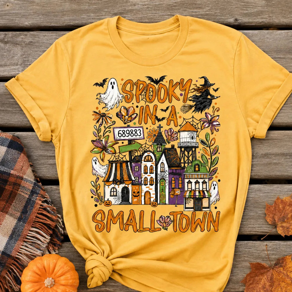Personalized Classic Tee, Orange Ghost and Bat Town Scene, Unique Halloween Gift for Small Town Fans