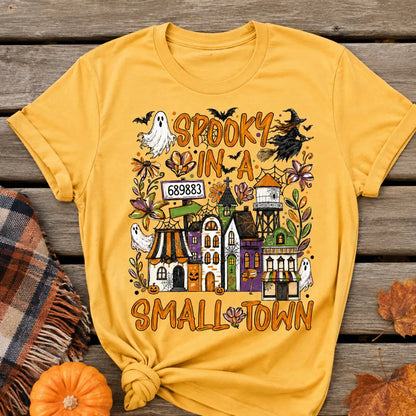 Personalized Classic Tee, Orange Ghost and Bat Town Scene, Unique Halloween Gift for Small Town Fans