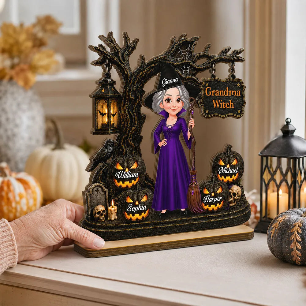 Personalized Wooden Plaque, Grandma Witch With Grandkids Jack-O'-Lanterns, Unique Halloween Gift for Grandma