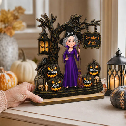 Personalized Wooden Plaque, Grandma Witch With Grandkids Jack-O'-Lanterns, Unique Halloween Gift for Grandma