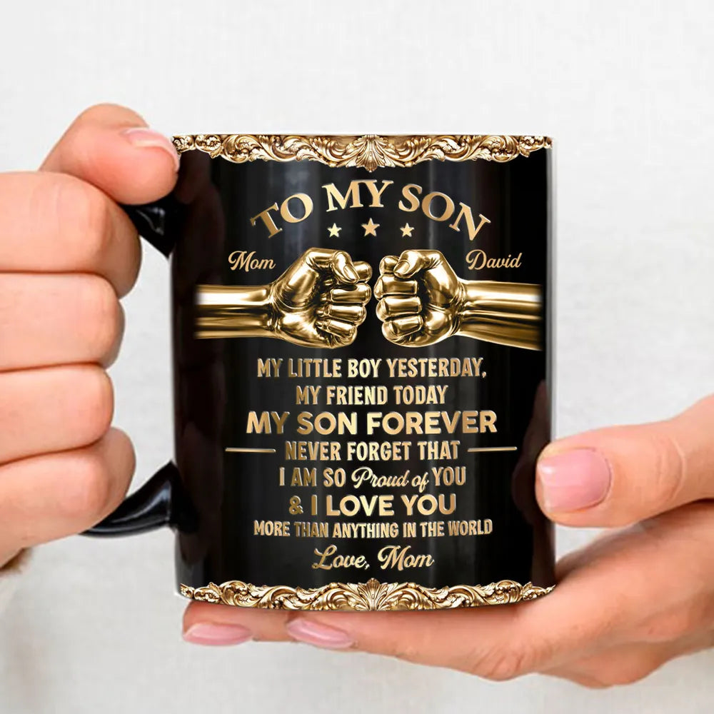 Personalized Full Color Mug, Black & Gold Fist Bump Design for Son, Unique Gift from Dad