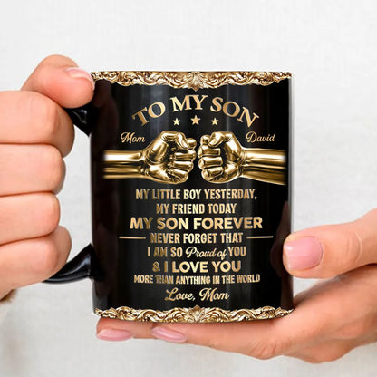 Personalized Full Color Mug, Black & Gold Fist Bump Design for Son, Unique Gift from Dad