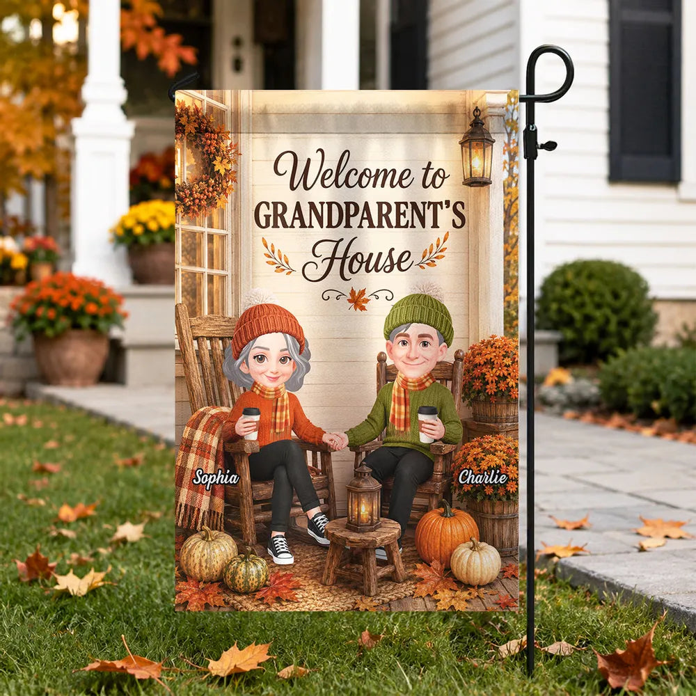 Welcome to Grandparents' House Garden Flag, Holding Hands on a Fall Porch, Personalized Creative Gift