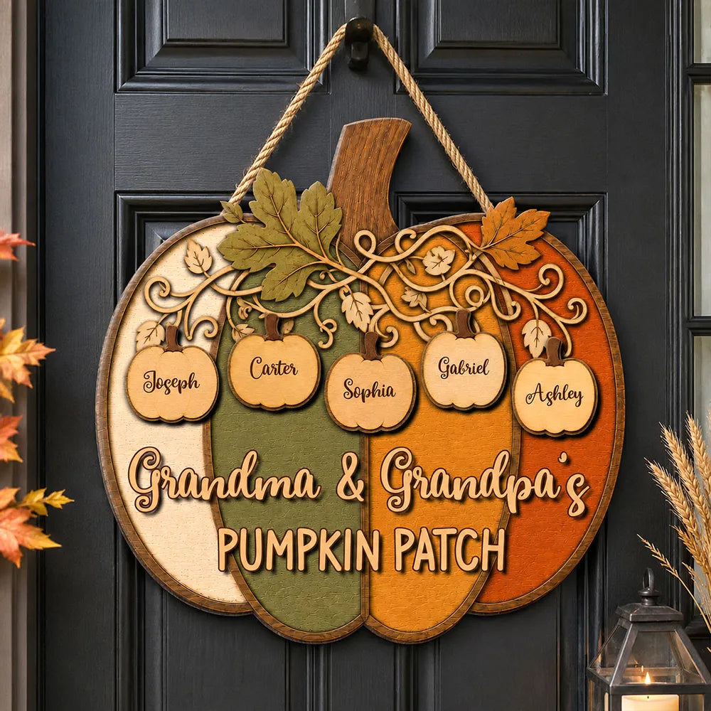 Personalized Wooden Sign, Colorful Pumpkin Patch Front Door Decor, Unique Fall Gift for Grandma & Grandpa