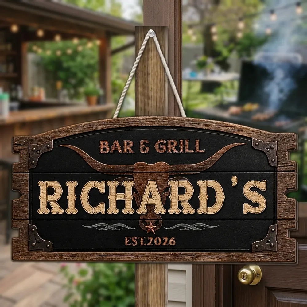 Personalized Rustic Longhorn Wooden Sign, Bar & Grill Decor, Unique Gift for Home Cooks