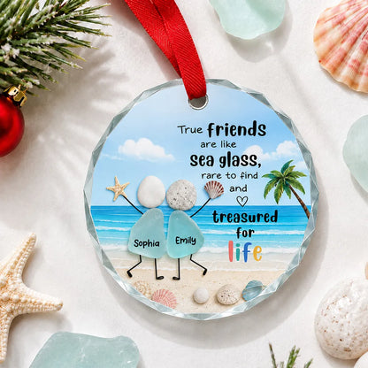Crystal Ornament, Treasured for Life Sea Glass Friends on a Sunny Beach, Personalized Creative Gift for Bestie