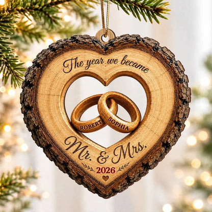 Personalized Wooden Ornament with Intertwined Rings, Rustic Wedding Keepsake and Unique Gift for Couples