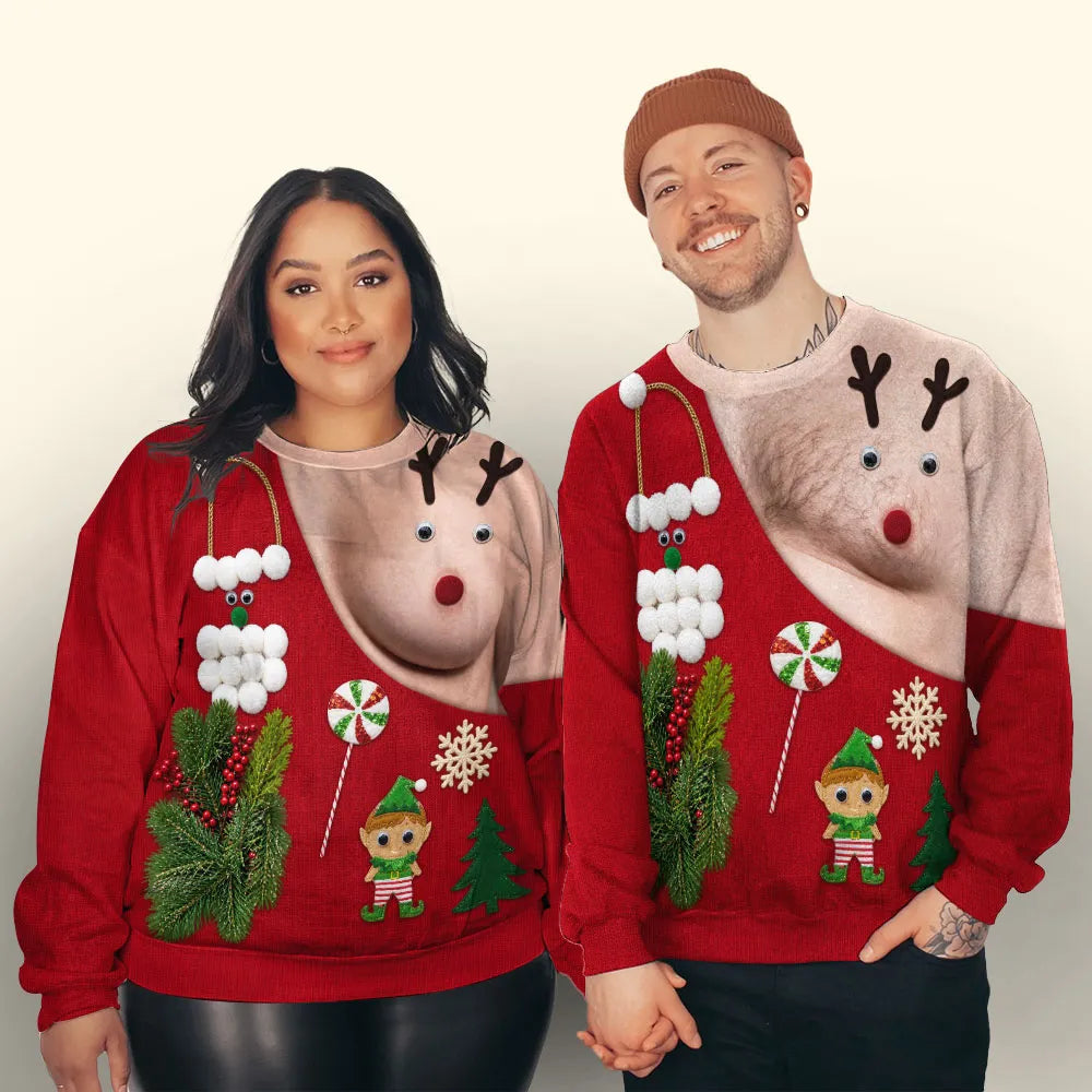 Personalized Printed Sweatshirt, Funny Reindeer Illusion for Smiling Couples at Christmas Parties, Unique Creative Gift