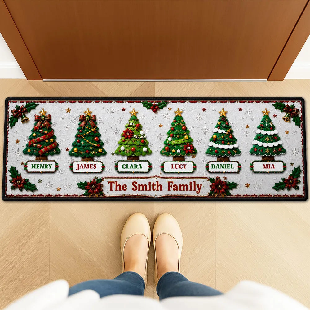 Personalized Family Christmas Tree Premium Doormat, Red and Green Entryway Decor, Unique Housewarming Gift