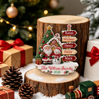 Personalized Acrylic Ornament, Santa and Snowman by a Snowy Gingerbread House, Unique Family Gift