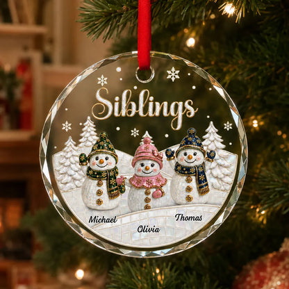 Personalized Crystal Ornament, Snowman Siblings in a Snowy Forest, Unique Christmas Gift for Family