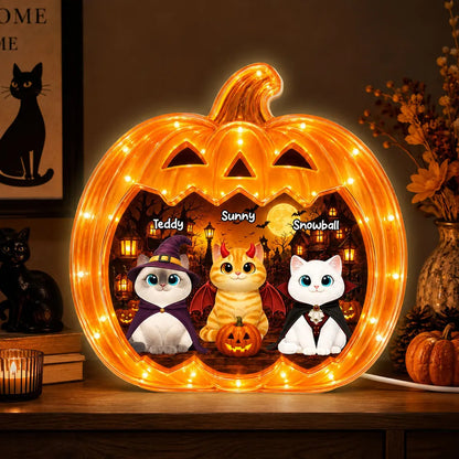 Personalized Acrylic Light Box, Spooky Pumpkin Cats with Warm Glow, Creative Gift for Cat Lovers
