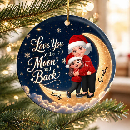 Personalized Ceramic Ornament, Hugging Grandma and Granddaughter on a Navy and Gold Moon, Unique Christmas Gift
