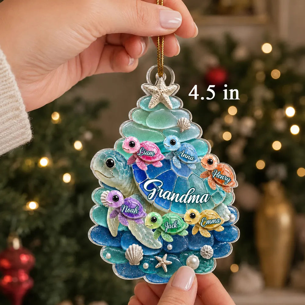 Personalized Turtle Family Acrylic Ornament, Grandma with Grandkids, Unique Christmas Gift for Grandma