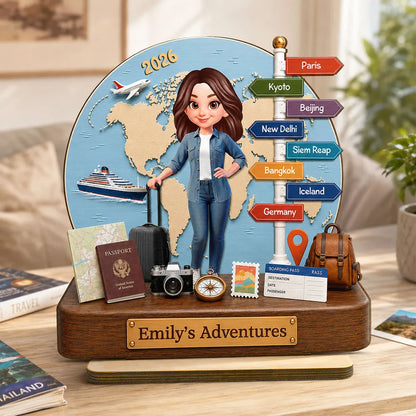 Personalized 2-Layer Wooden Plaque, Cartoon Traveler by a Blue World Map, Unique Gift for Travel Lovers