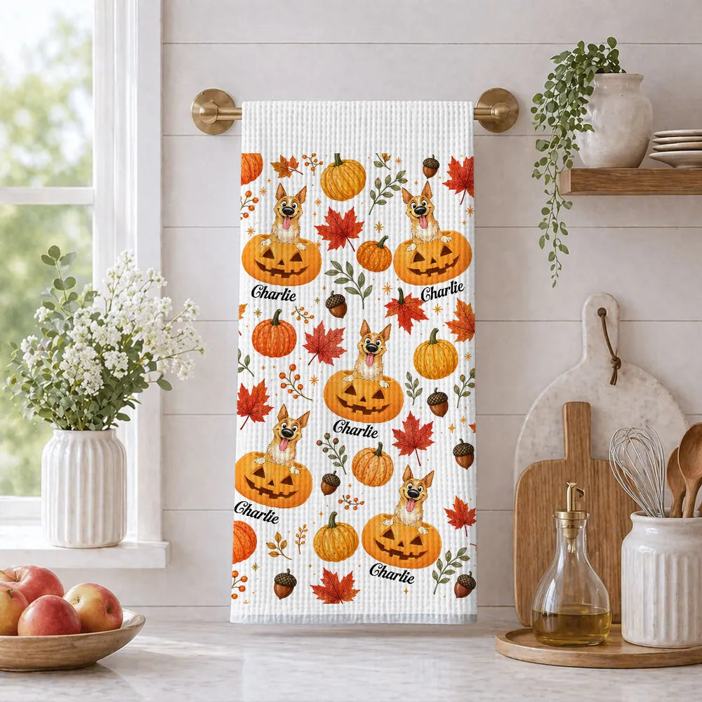 Personalized Kitchen Towel, Playful Dog Peeking from Pumpkins, Unique Fall Gift for Pet Owners