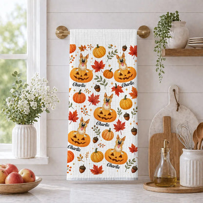 Personalized Kitchen Towel, Playful Dog Peeking from Pumpkins, Unique Fall Gift for Pet Owners