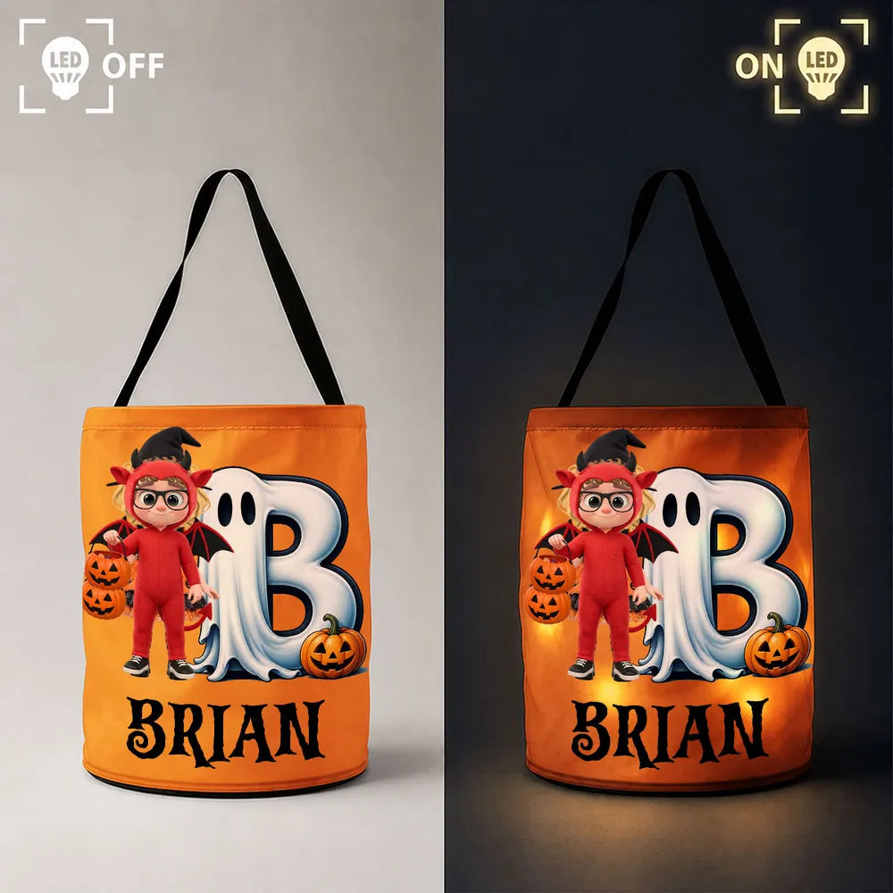 Personalized LED Light Up Fabric Basket, Witch Girl Holding Pumpkin Basket, Unique Halloween Gift for Kids