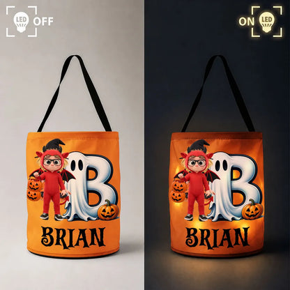 Personalized LED Light Up Fabric Basket, Witch Girl Holding Pumpkin Basket, Unique Halloween Gift for Kids
