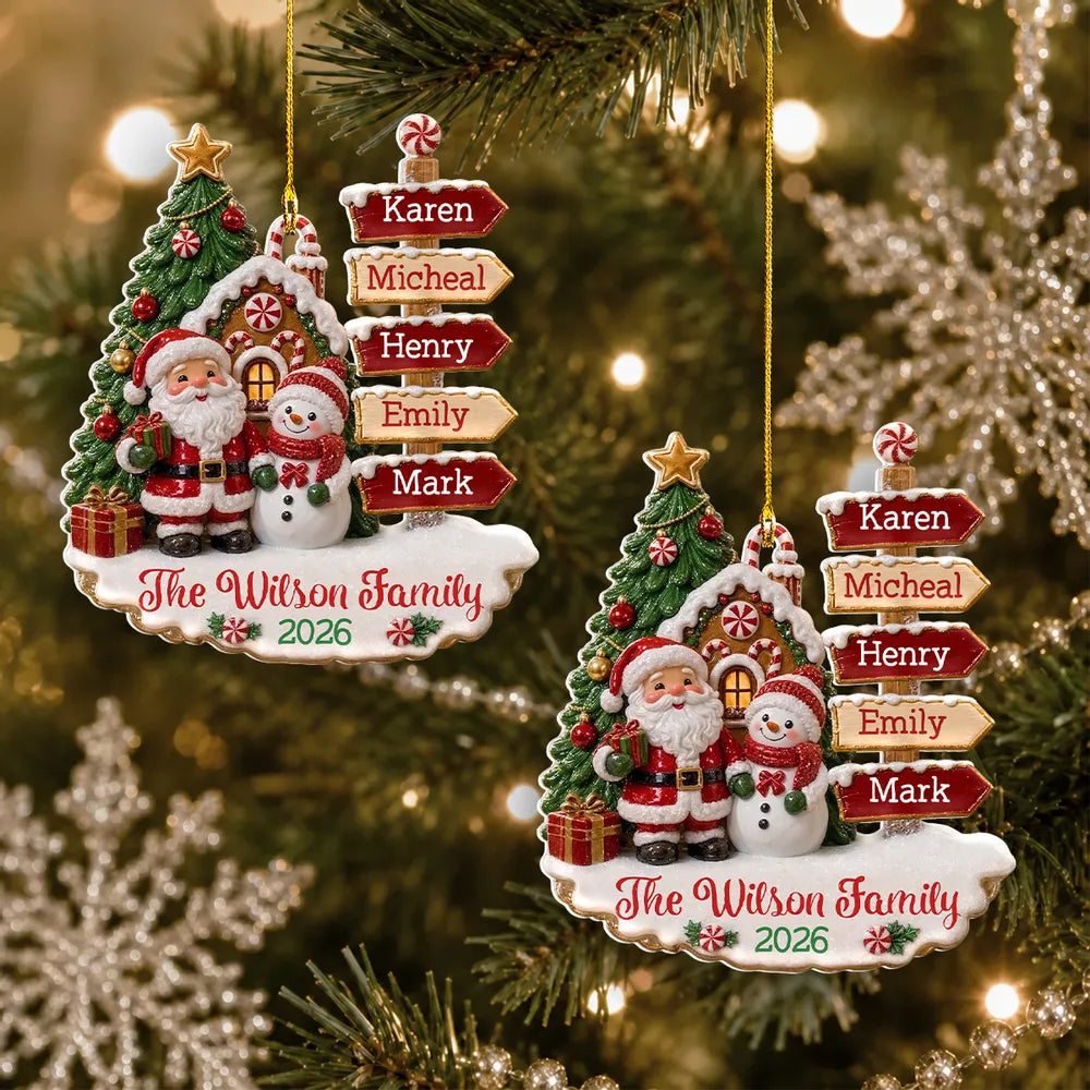 Personalized Acrylic Ornament, Santa and Snowman by a Snowy Gingerbread House, Unique Family Gift