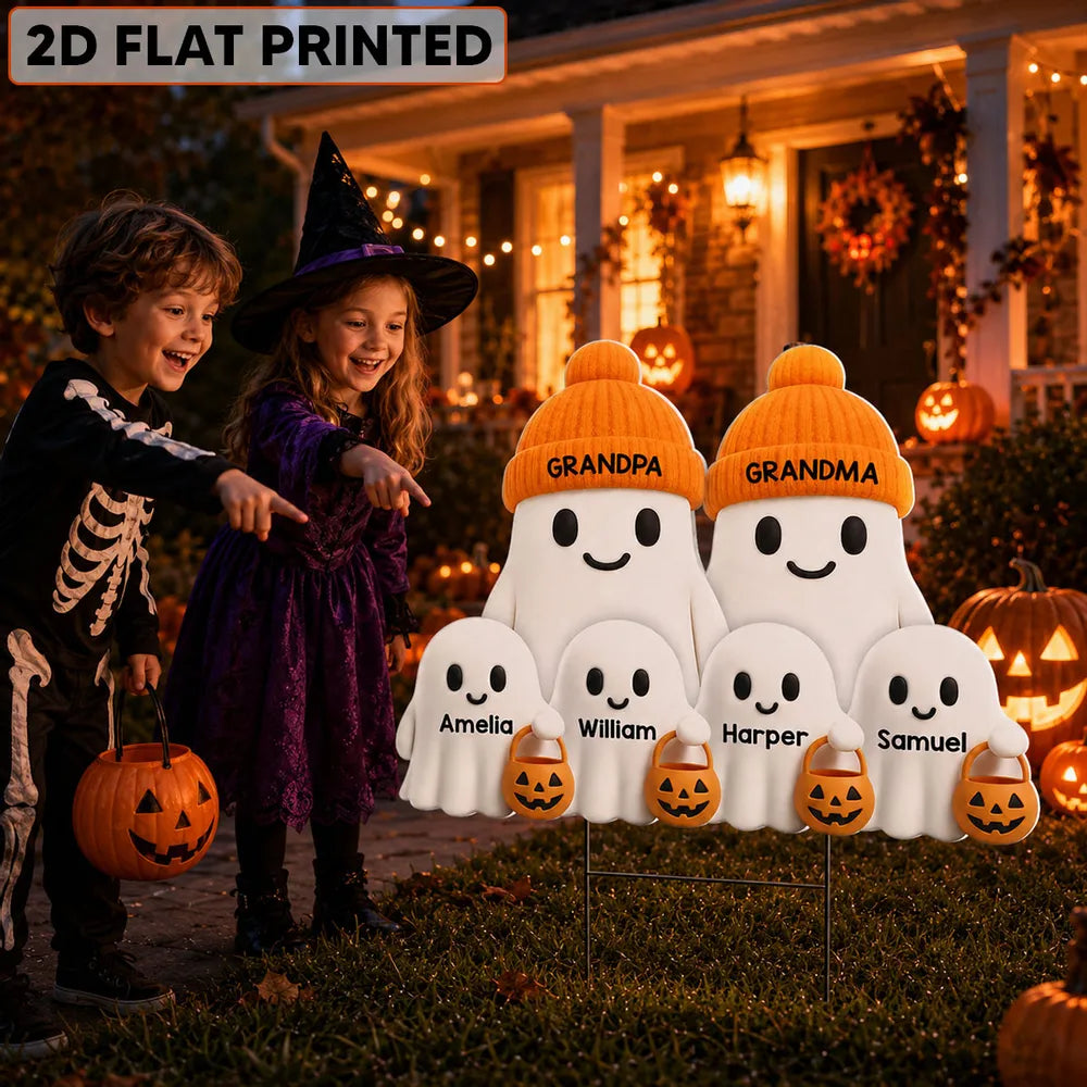 Personalized Shaped Yard Sign, Cute Ghost Family Trick-or-Treating Decor, Unique Halloween Gift for Grandparents