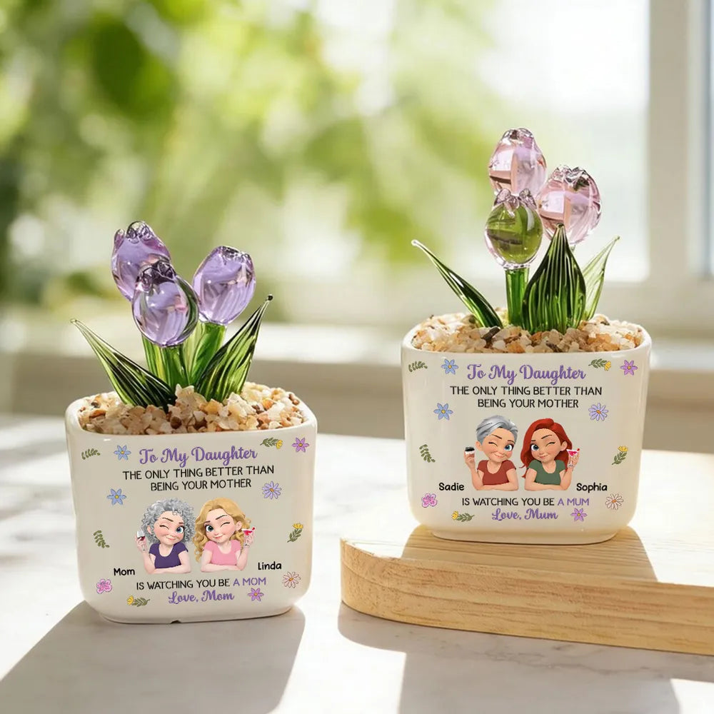 Personalized Square Glass Planter, Cartoon of a Winking Mother and Daughter Sharing a Toast, Unique Gift for Daughter