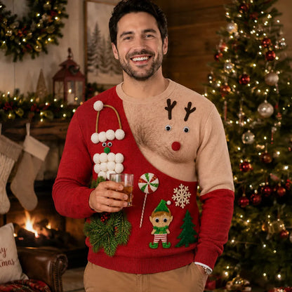 Personalized Printed Sweatshirt, Funny Reindeer Illusion for Smiling Couples at Christmas Parties, Unique Creative Gift
