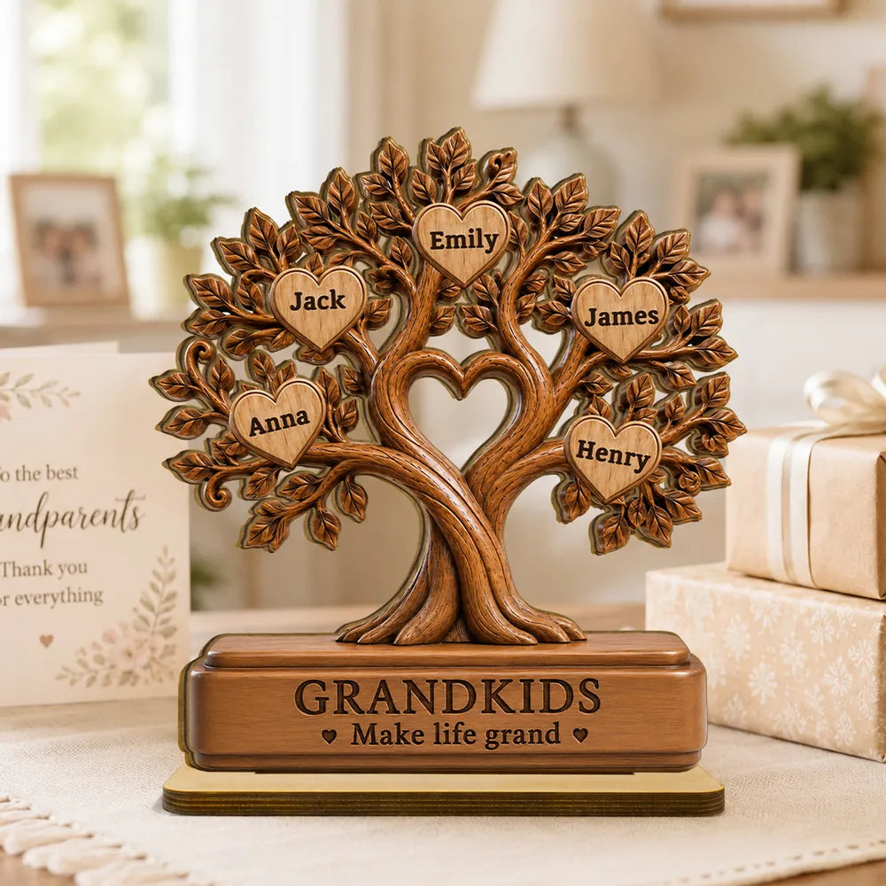 Grandkids Make Life Grand Personalized 2-Layer Wooden Plaque, Warm Brown Family Tree, Unique Gift for Grandparents