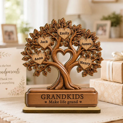 Grandkids Make Life Grand Personalized 2-Layer Wooden Plaque, Warm Brown Family Tree, Unique Gift for Grandparents