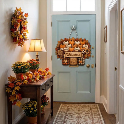 Family Welcome Wooden Sign with Fall Pumpkin Design, Personalized Front Door Decor, Creative Gift for Family