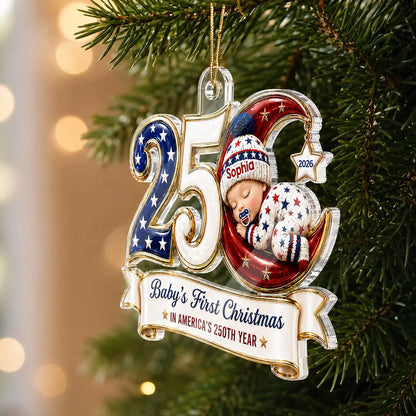 Personalized Acrylic Ornament, Sleeping Baby's First Christmas in Patriotic Colors, Unique Gift for New Parents