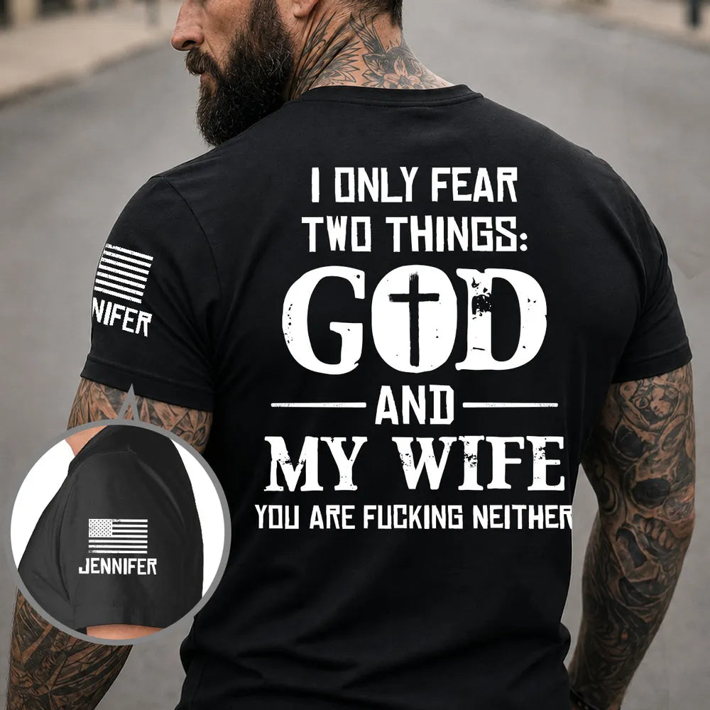 Personalized Dual Print Classic Tee, Bold God and Wife Quote with Sleeve Detail, Unique Gift for Husband
