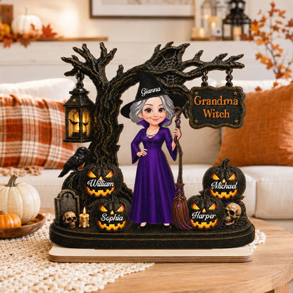 Personalized Wooden Plaque, Grandma Witch With Grandkids Jack-O'-Lanterns, Unique Halloween Gift for Grandma