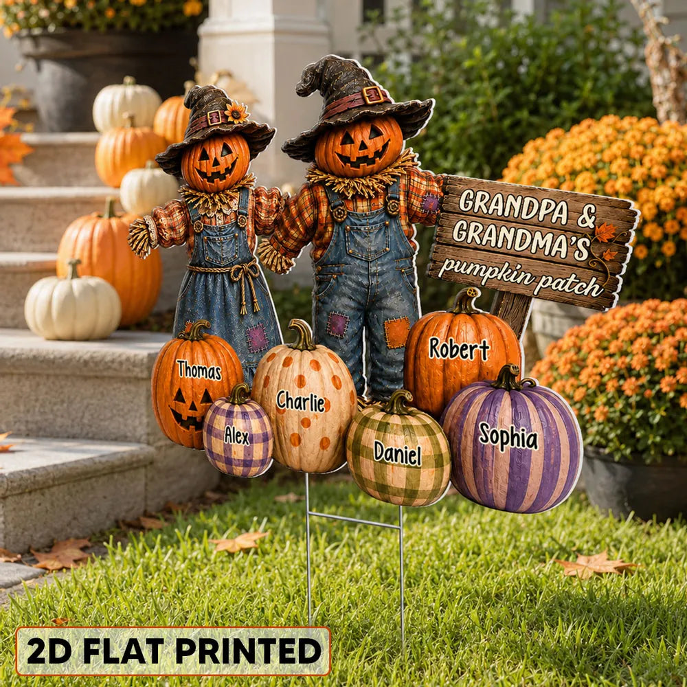 Personalized Shaped Yard Sign, Holding-Hands Pumpkin Scarecrows in Warm Fall Colors, Creative Gift for Grandparents