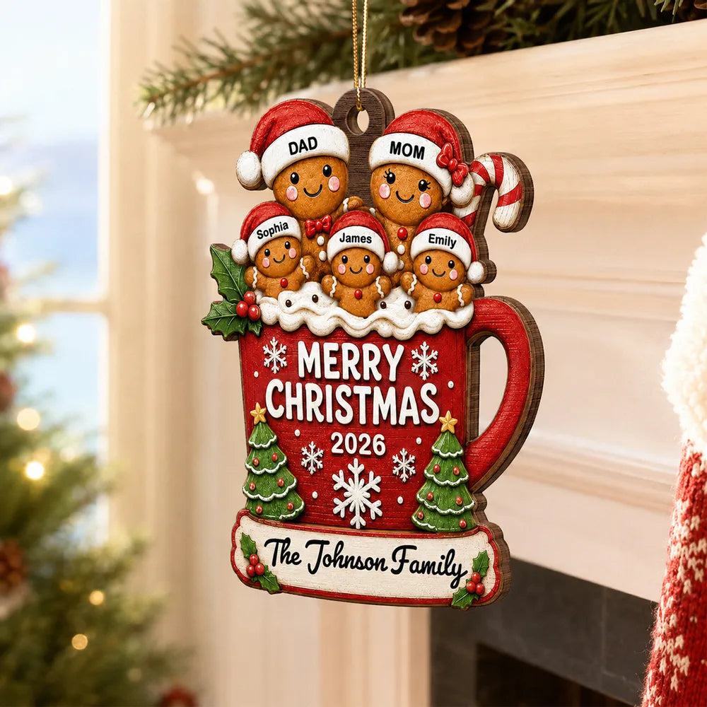 Personalized Wooden Ornament, Gingerbread Family in Hot Cocoa on a Christmas Tree, Unique Gift for Mom & Dad