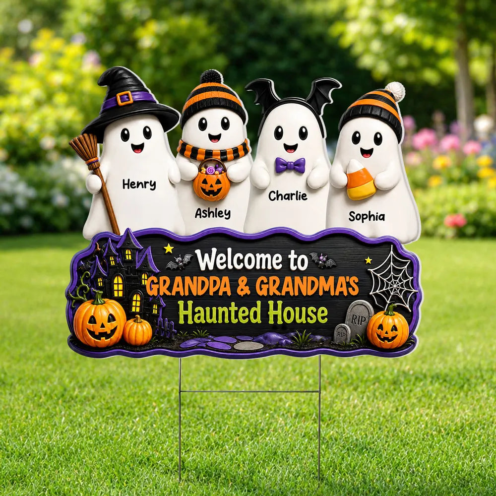 Personalized Shaped Yard Sign with Cute Ghost Family and Haunted House, Unique Gift for Grandparents
