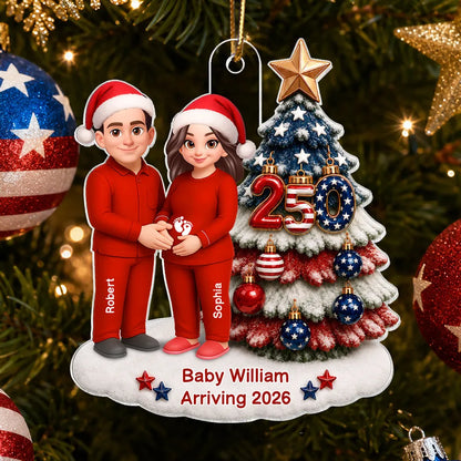 Personalized Acrylic Ornament, Expecting Couple Holding Baby Bump by Christmas Tree, Unique Gift for Parents