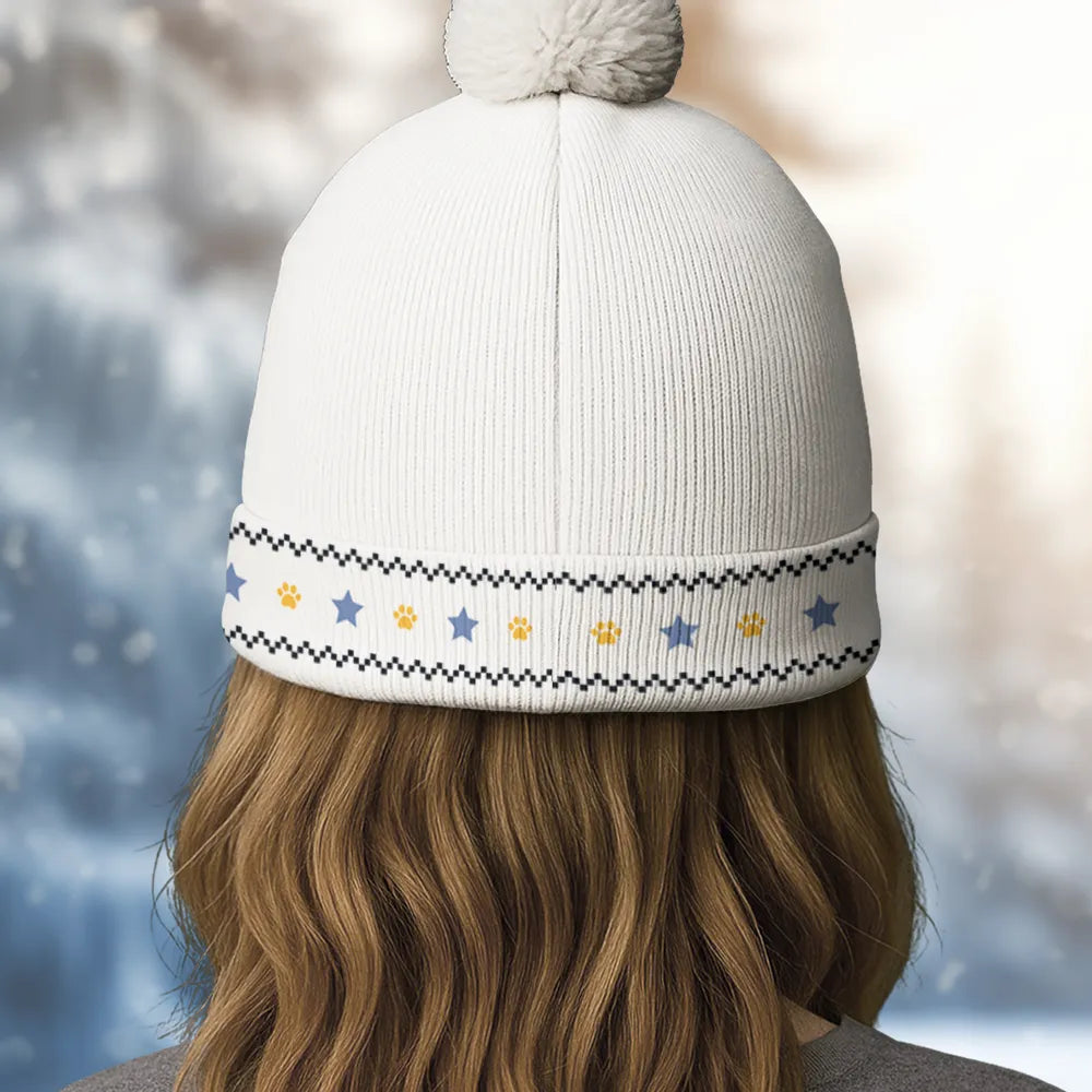 Protected By Personalized Bobble Beanie Hat, Cute Dog and Paw Print Design, Creative Gift for Pet Owners