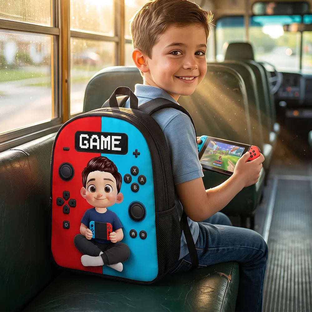 Personalized Kids School Backpack, Red and Blue Cartoon Gamer Boy Holding a Controller, Creative Gift for Young Gamers