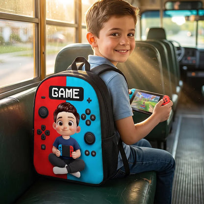 Personalized Kids School Backpack, Red and Blue Cartoon Gamer Boy Holding a Controller, Creative Gift for Young Gamers