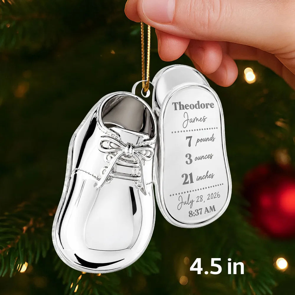 Personalized Acrylic Ornament, Silver Baby Shoe Hanging on a Festive Tree, Creative Keepsake Gift for Mom & Dad